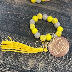 Mama Wooden Beaded Bracelet Keychain with Tassel & Thick Charm Yellow